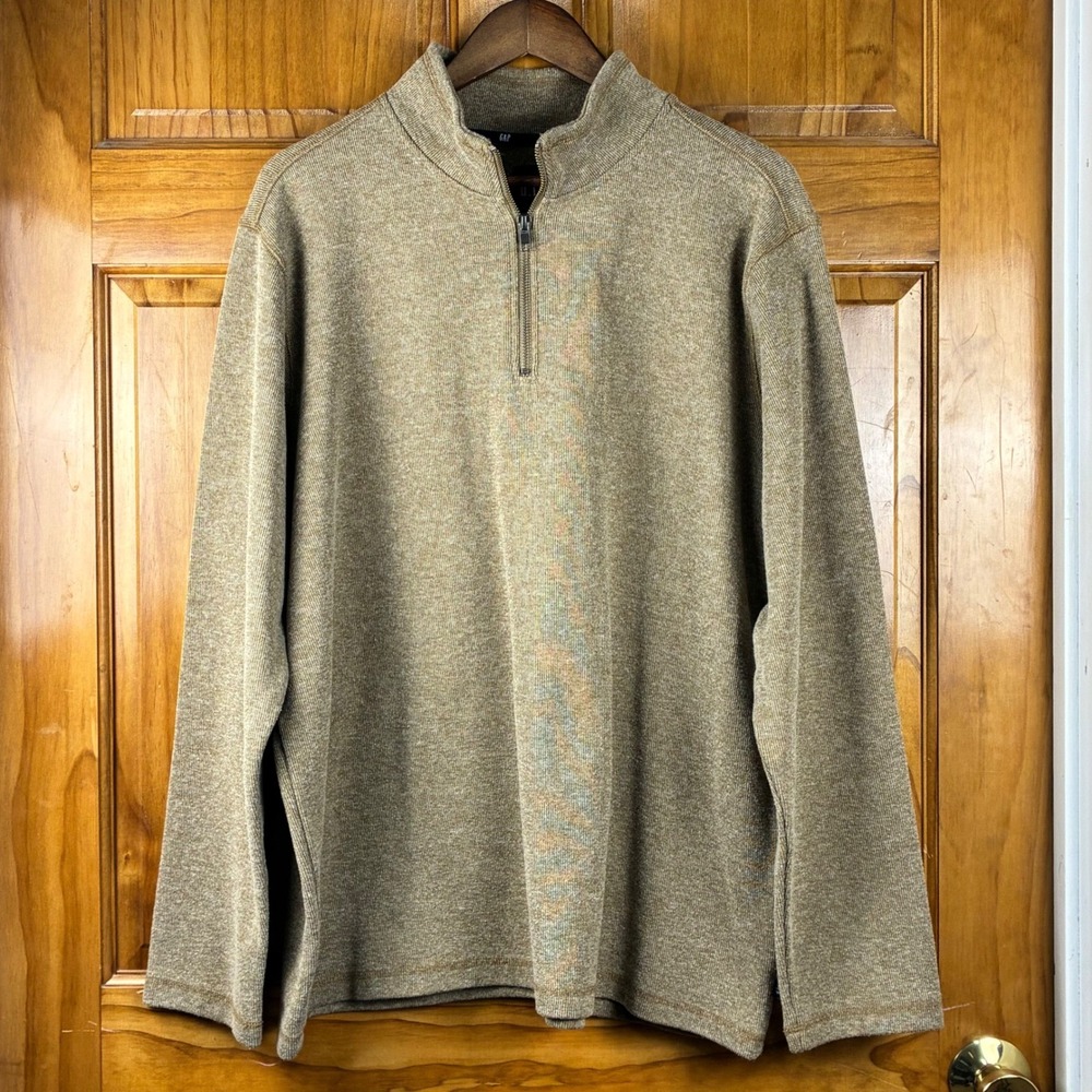 GAP Mens XXL Tan Heathered Quarter Zip Pullover Mock Neck Ribbed Knit Sweater